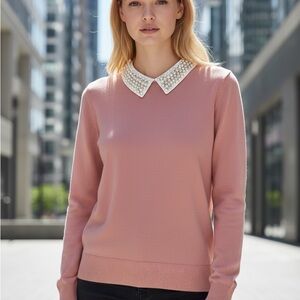 Milano Blush Pink Crewneck Sweater with Pearl-Trim Collar